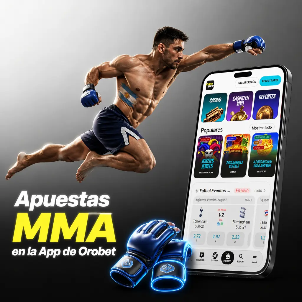 Pantalla de la app de Orobet mostrando la cartelera de MMA con mercados previos y en vivo para apostar.