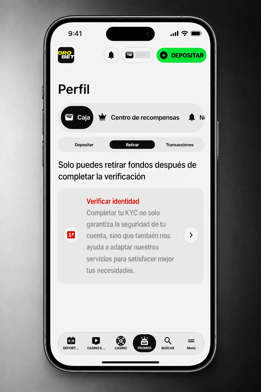 Pasos para retirar dinero de Orobet mediante criptomonedas usando la sección de caja de la plataforma