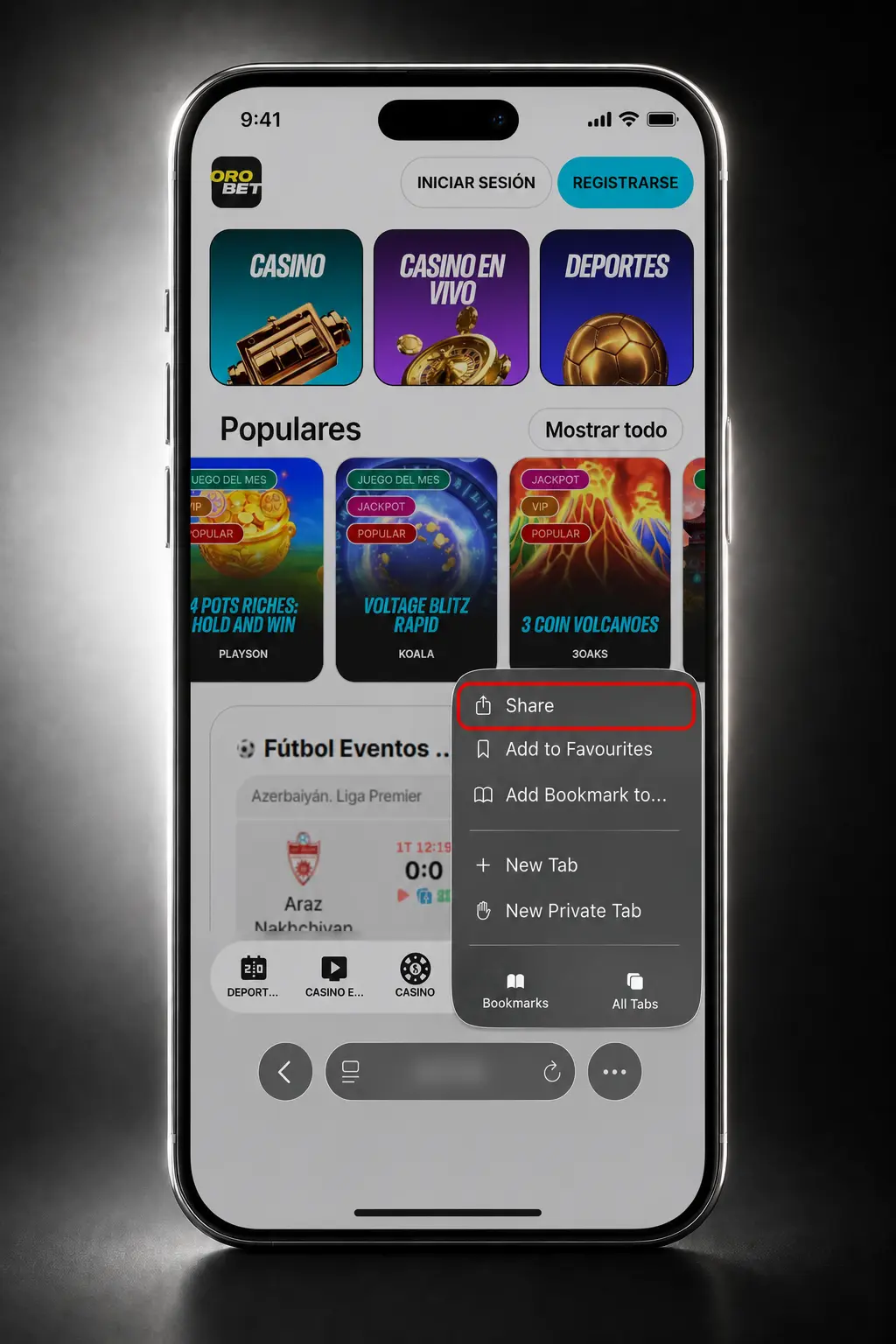 Cómo agregar el acceso directo de Orobet a la pantalla de inicio en iPhone o iPad desde Safari