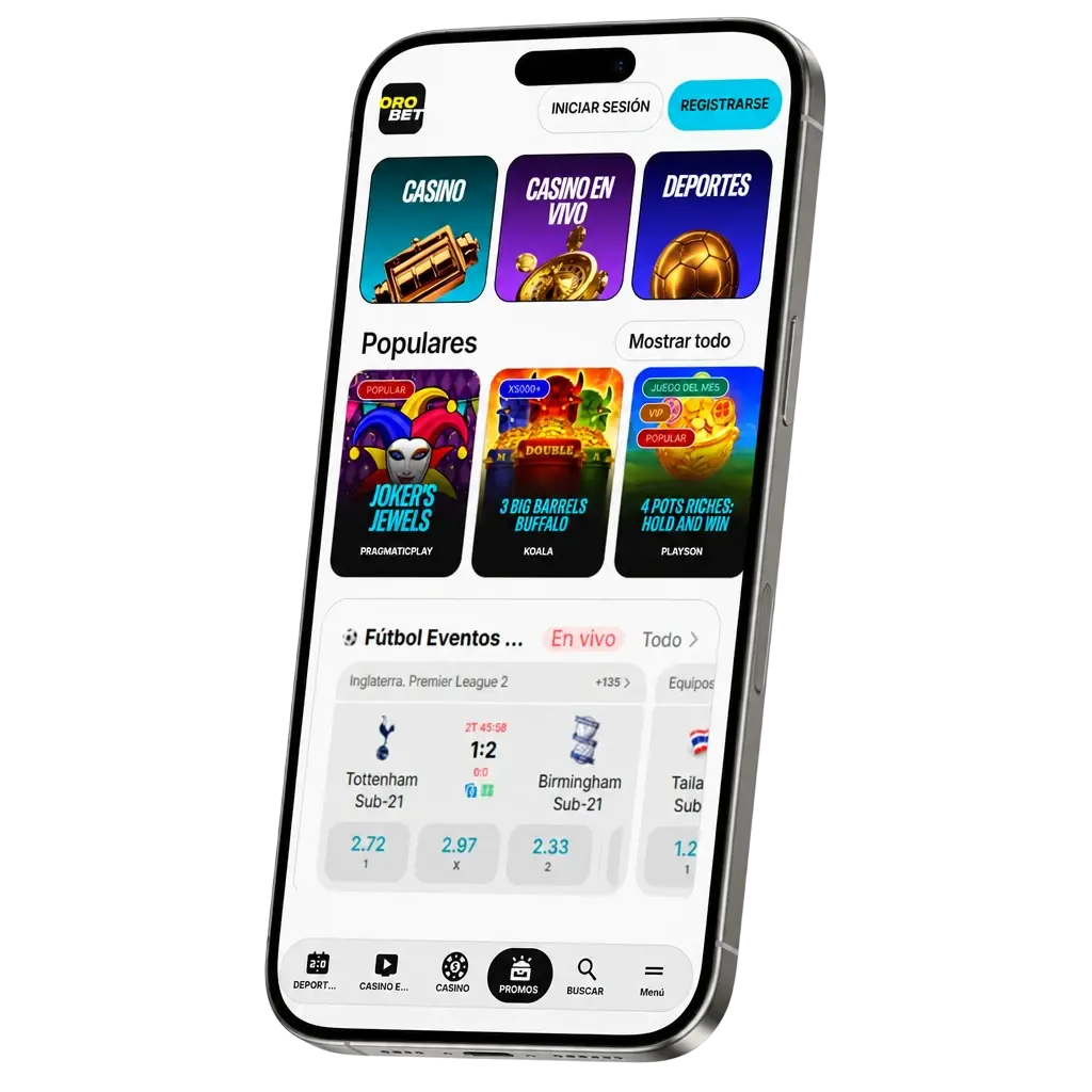 Interfaz de la app de Orobet con pestañas de deportes, casino y en vivo, más buscador interno para acceder rápido