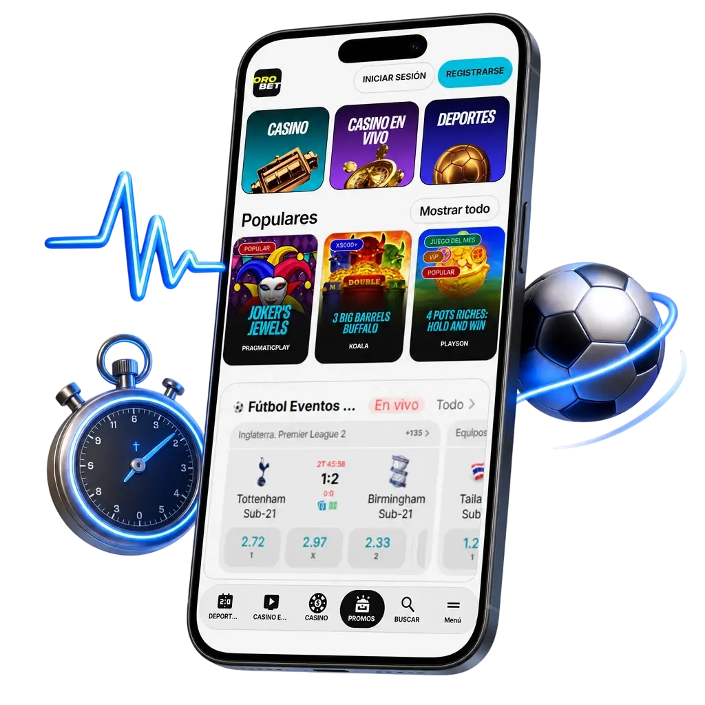 Apuestas en vivo en la app de Orobet con cuotas actualizadas, marcador, cronómetro y cupón visible para fútbol, tenis y básquet.