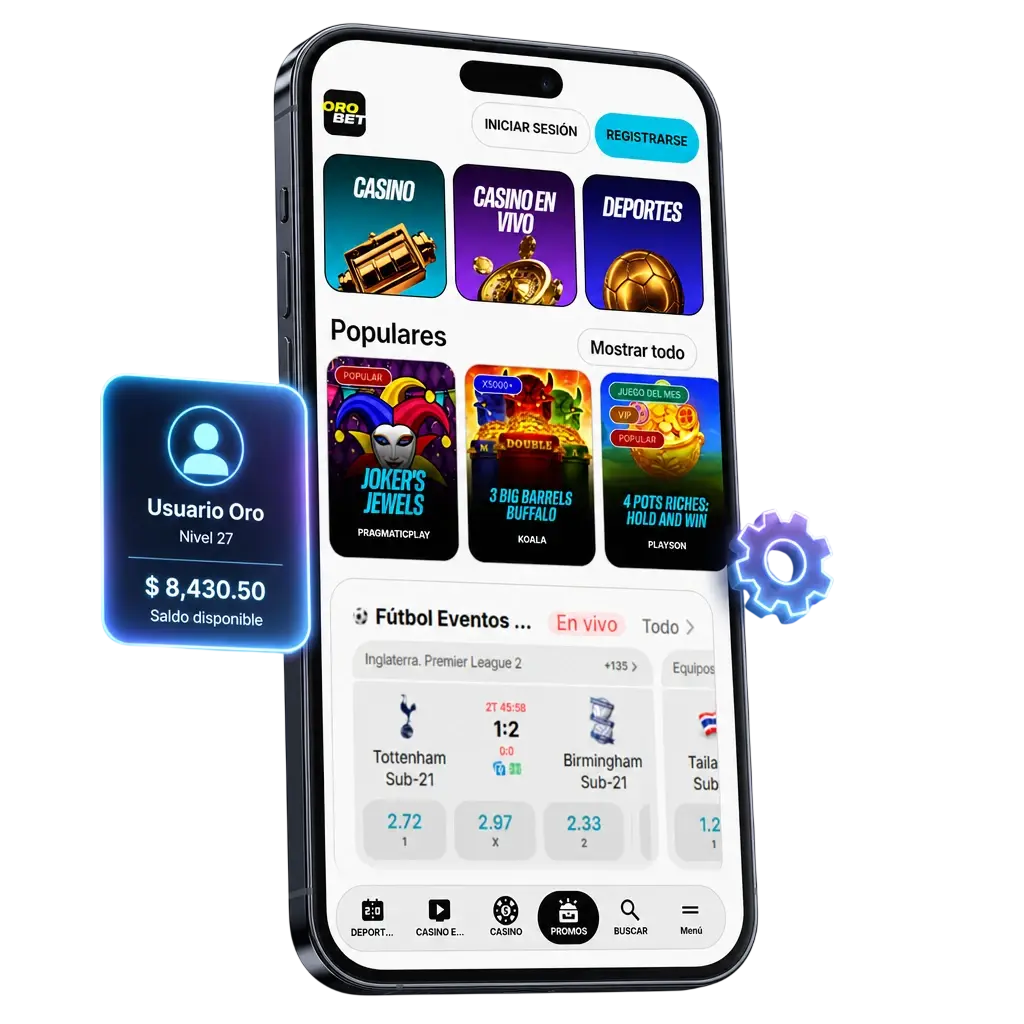 Pantalla del perfil de usuario en la app de Orobet con saldo, historial de transacciones y datos personales