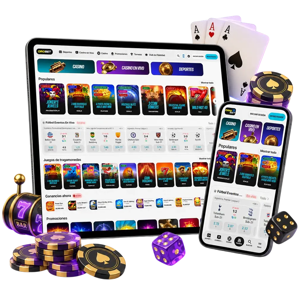 Lobby del casino de Orobet con tragamonedas, ruleta, blackjack y mesas en vivo organizadas por categoría y proveedor.